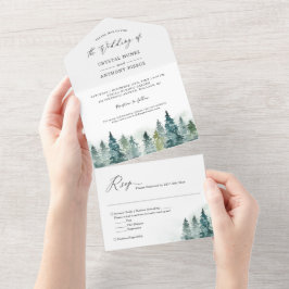 Wasserfarbene Pinienwälder Winterhochzeit All In One Einladung