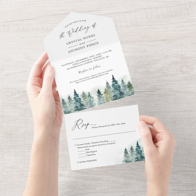 Wasserfarbene Pinienwälder Winterhochzeit All In One Einladung (Abreißen)