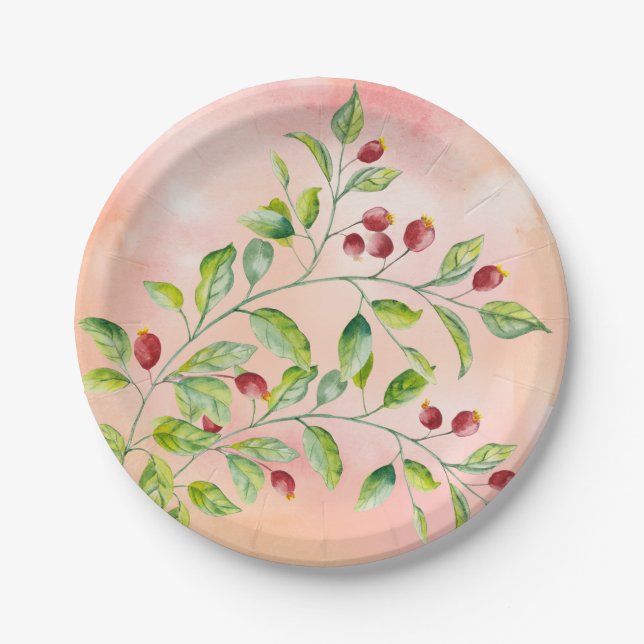 Wasserfarbene, rosa Berries und grüne Foliage Pappteller (Vorderseite)