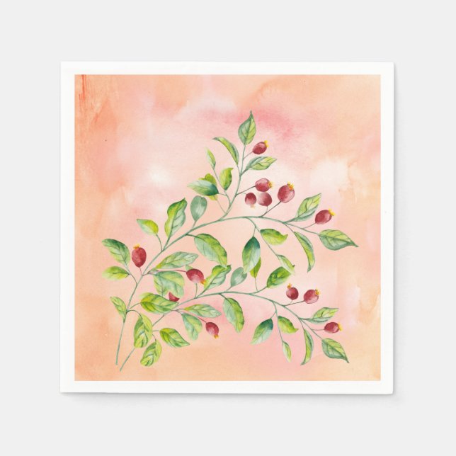 Wasserfarbene, rosa Berries und grüne Foliage Serviette (Vorderseite)