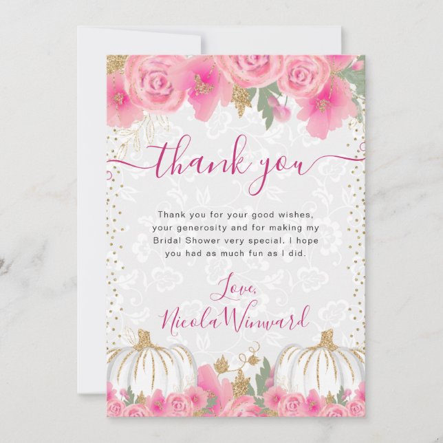 Wasserfarbene rosa Blume fallen Pumpkin-Brautparty Dankeskarte (Vorderseite)