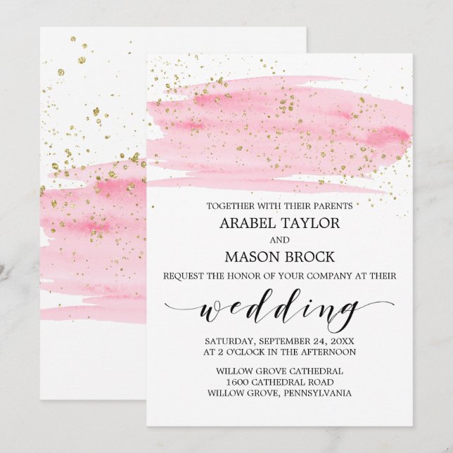 Wasserfarbene Rosa Blush and Gold Sparkle Wedding Einladung (Vorne/Hinten)