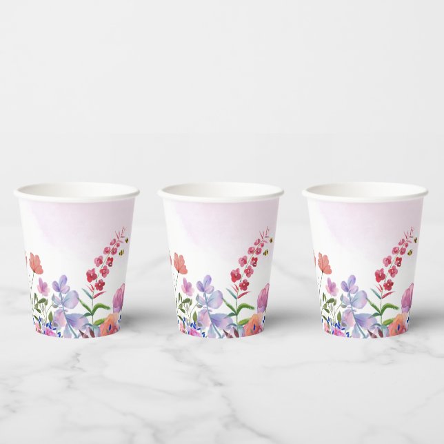 Wasserfarbene Rosa Wildblume Frühjahrsfavoriten Pappbecher (Multi)