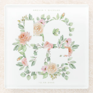 Wasserfarbene Rosen- und Grünpflanzen-Hochzeit mit Glasuntersetzer