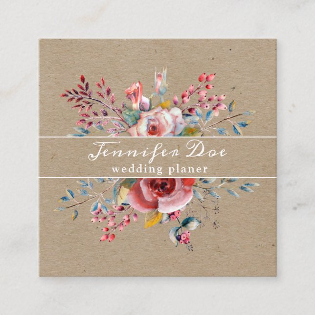 Wasserfarbene rustikale Blume kraft Business Card Quadratische Visitenkarte (Vorderseite)