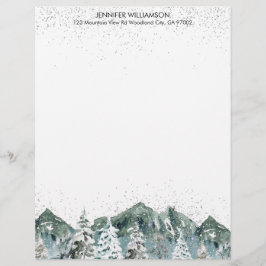 Wasserfarbene Schneewintergebirge Waldbäume Briefbogen