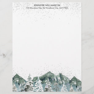 Wasserfarbene Schneewintergebirge Waldbäume Briefbogen