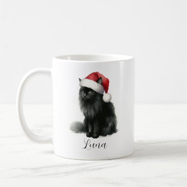 Wasserfarbene Schwarze Katze bei Feierlicher Weihn Kaffeetasse (Links)