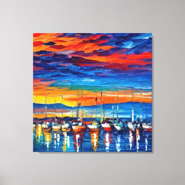 Wasserfarbene Segelboote bei Sonnenuntergang Leinwanddruck (Vorderseite)