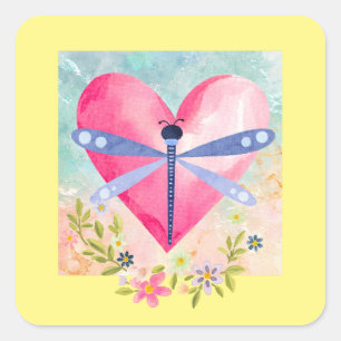 Wasserfarbene Sommerdrachenfliege, Herz, Blume Quadratischer Aufkleber
