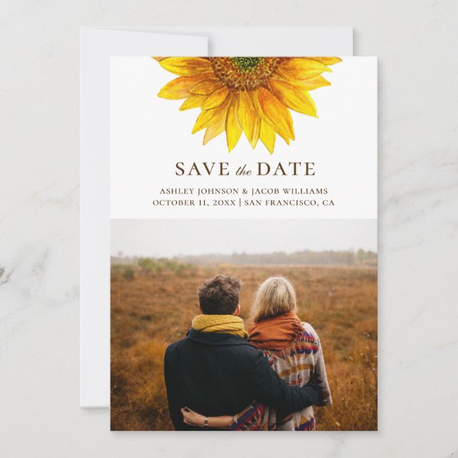 Wasserfarbene Sonnenblume. Rustikal floral botanis Save The Date (Vorderseite)