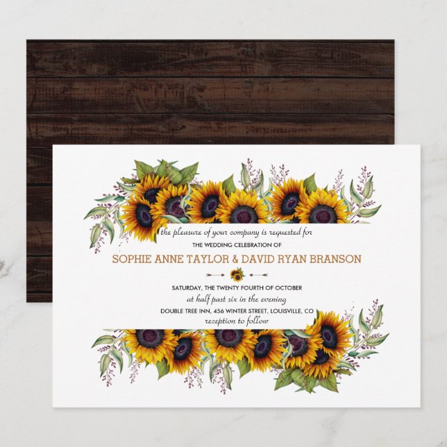 Wasserfarbene Sonnenblumen bezaubern alte Braun-Ho Einladung (Vorne/Hinten)