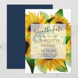 Wasserfarbene Sonnenblumen mit Marineblau Save the Einladung
