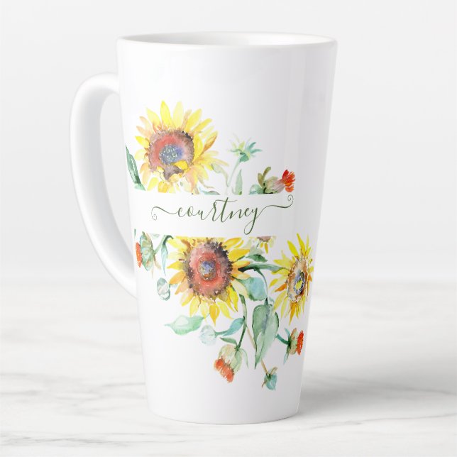 Wasserfarbene Sonnenblumen personalisiert Milchtasse (Linke Ecke)