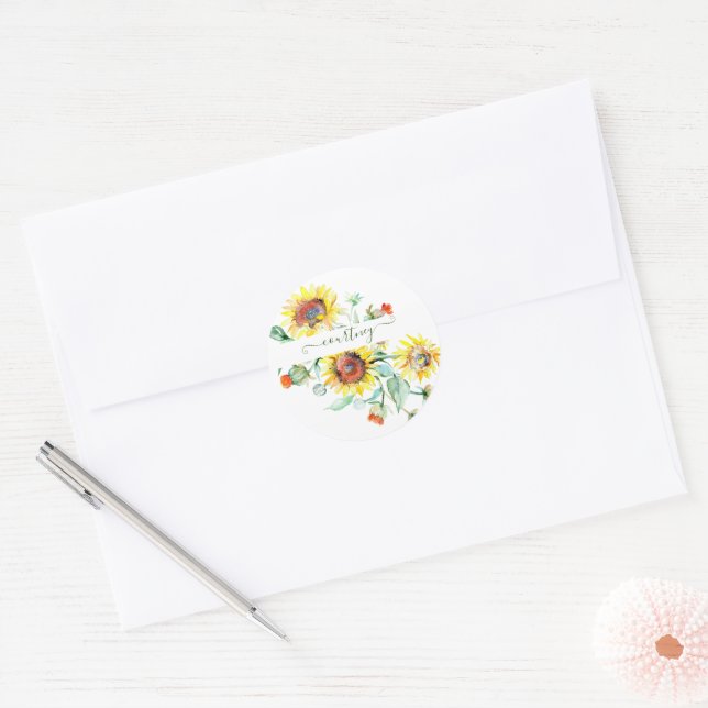 Wasserfarbene Sonnenblumen personalisiert Runder Aufkleber (Umschlag)