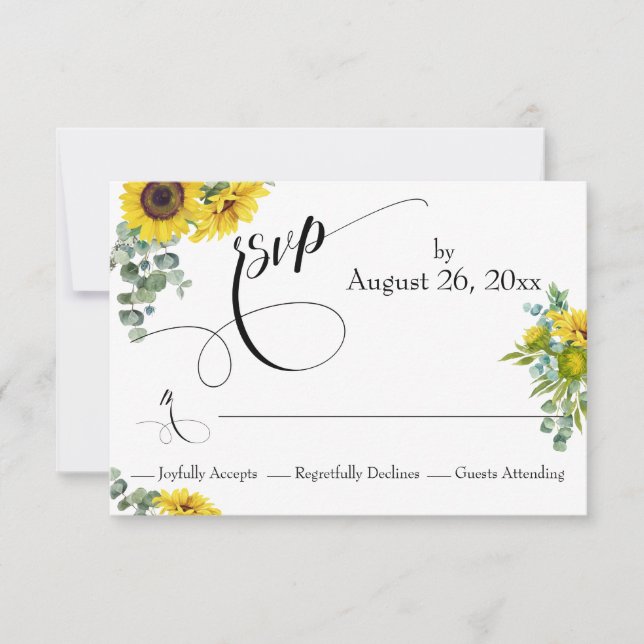 Wasserfarbene Sonnenblumen und Eukalyptus Elegante RSVP Karte (Vorderseite)