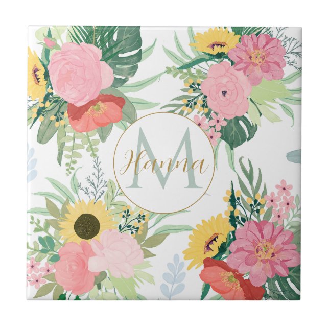 Wasserfarbene Sonnenblumen und Pfeffer Botanisch Fliese (Vorderseite)