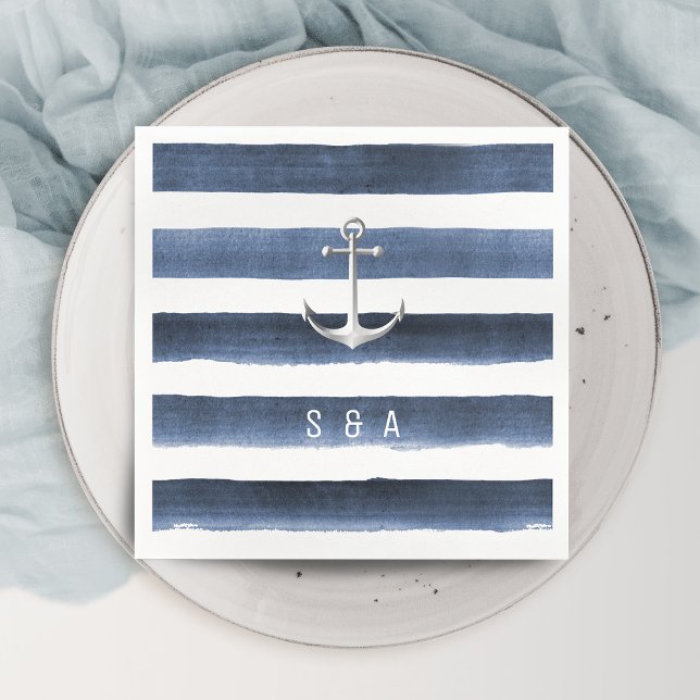 Wasserfarbene Streifen mit Anker Strand Hochzeit Serviette (Watercolor navy stripes with anchor beach wedding napkins)