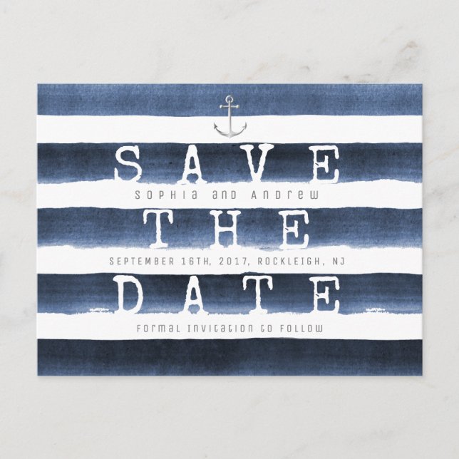 Wasserfarbene Streifen Save the Date nautisch Ankündigungspostkarte (Vorderseite)
