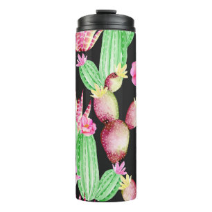 Wasserfarbene Sukkulente: Kaktus Blumenmuster. Thermosbecher