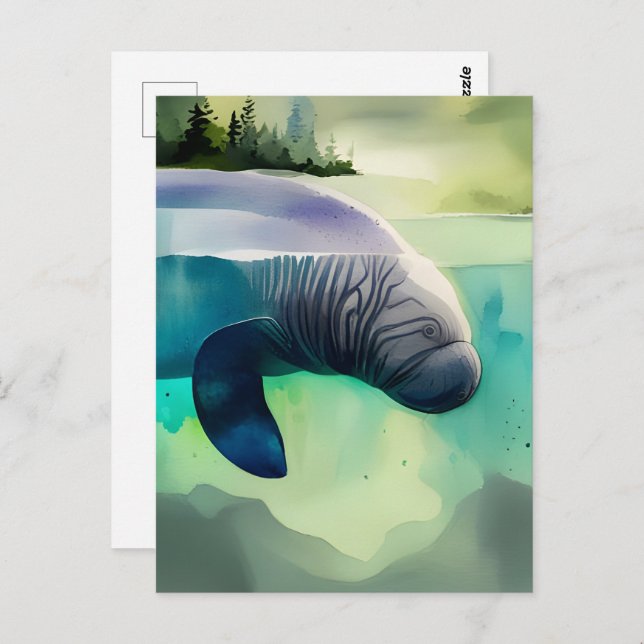 Wasserfarbene Tiere, Manatee, Postüberquerung Postkarte (Vorne/Hinten)