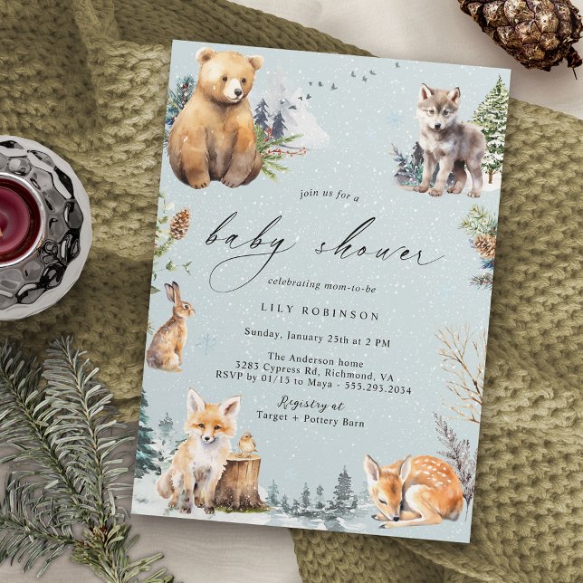 Wasserfarbene Tiere | Woodland Winter Baby Dusche Einladung (Von Creator hochgeladen)