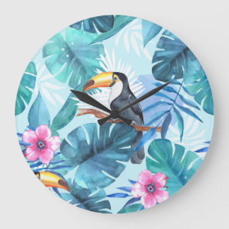 Wasserfarbene Toucans: tropisch nahtlos Große Wanduhr