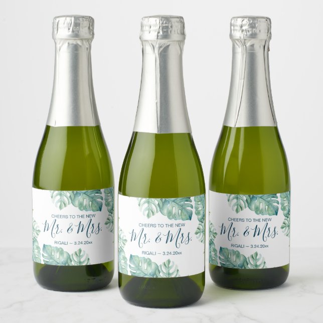 Wasserfarbene tropische Blätter Hochzeitsempfang (Flaschen)