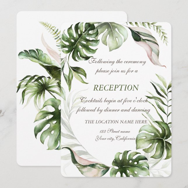 Wasserfarbene tropische Blätter Hochzeitsempfang Einladung (Vorne/Hinten)