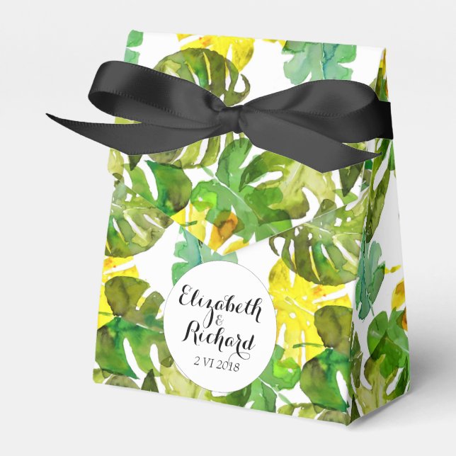 Wasserfarbene tropische Blätter Hochzeitsmonogramm Geschenkschachtel (Vorderseite)