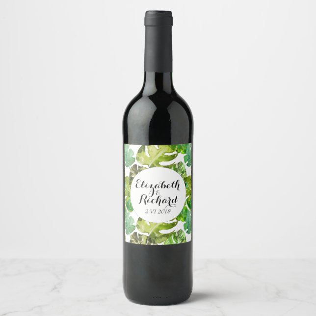 Wasserfarbene tropische Blätter Hochzeitsmonogramm Weinetikett (Vorderseite)