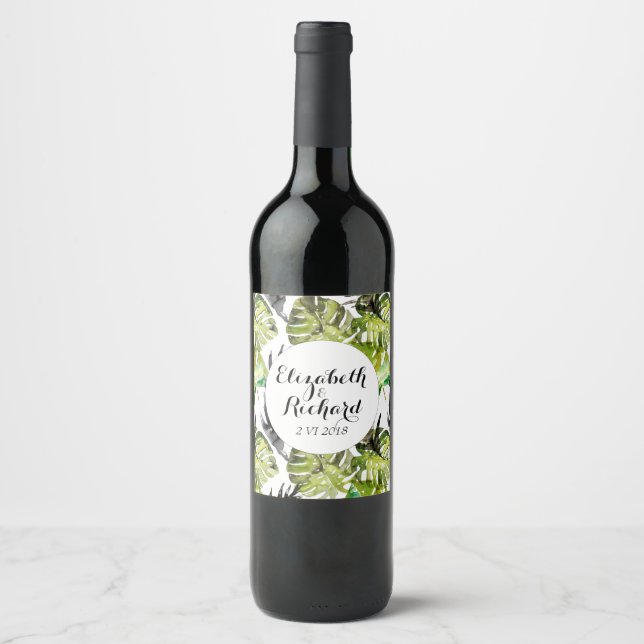 Wasserfarbene tropische Blätter Hochzeitsmonogramm Weinetikett (Vorderseite)