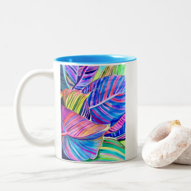 Wasserfarbene tropische Blätter Zweifarbige Tasse (Mit Donut)