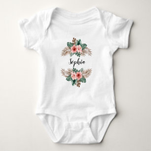 Wasserfarbene tropische Blumenkranz-Textanpassung Baby Strampler