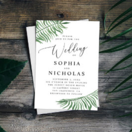 Wasserfarbene tropische botanische Hochzeit. Palm- Einladung