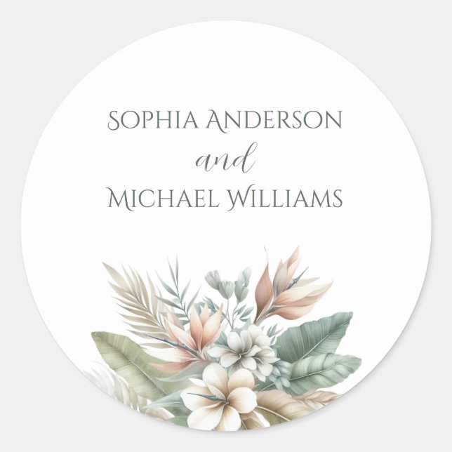 Wasserfarbene tropische Elegance - Hochzeitsticker Runder Aufkleber (Vorderseite)