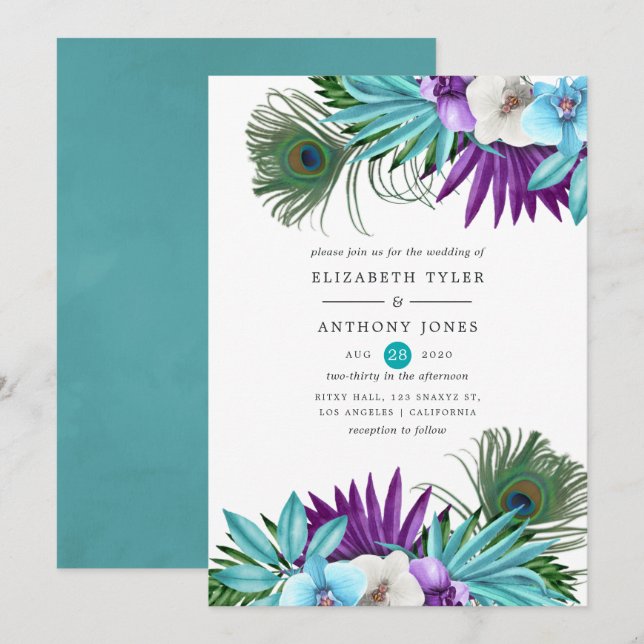 Wasserfarbene Tropische Orchideen Pfauenhochzeit Einladung (Vorne/Hinten)