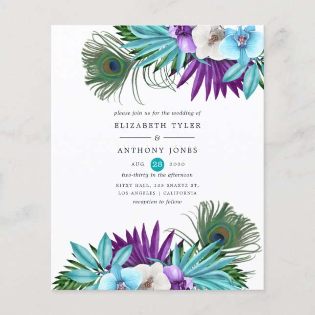 Wasserfarbene Tropische Orchideen Pfauenhochzeit Flyer (Vorne)