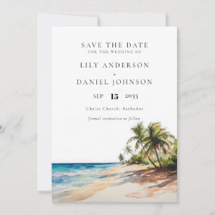 Wasserfarbene tropische Strand-Hochzeitsdestinatio Save The Date