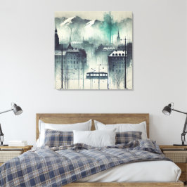 Wasserfarbene Urban Szene mit Bergen, Bäumen und Leinwanddruck