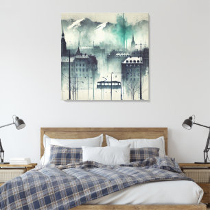 Wasserfarbene Urban Szene mit Bergen, Bäumen und Leinwanddruck