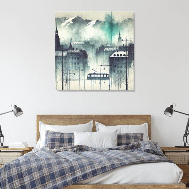Wasserfarbene Urban Szene mit Bergen, Bäumen und Leinwanddruck (Insitu (Schlafzimmer))