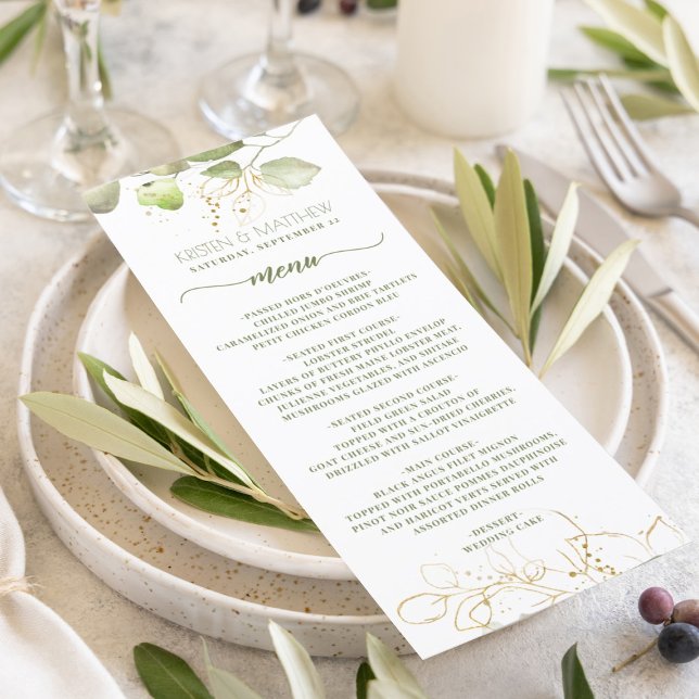 Wasserfarbene Vegetation Menükarte (Greenery watercolor eucalyptus with gold outline for this modern elegant wedding reception menu.)