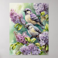 Wasserfarbene Vögel mit blühenden Lilac-Blume