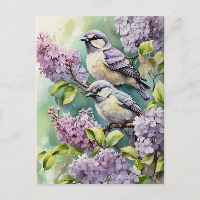 Wasserfarbene Vögel mit blühenden Lilac-Blume Postkarte (Vorderseite)
