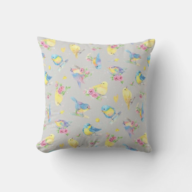 Wasserfarbene Vögel und Blume Muster handgezeichne Kissen (Vorderseite)