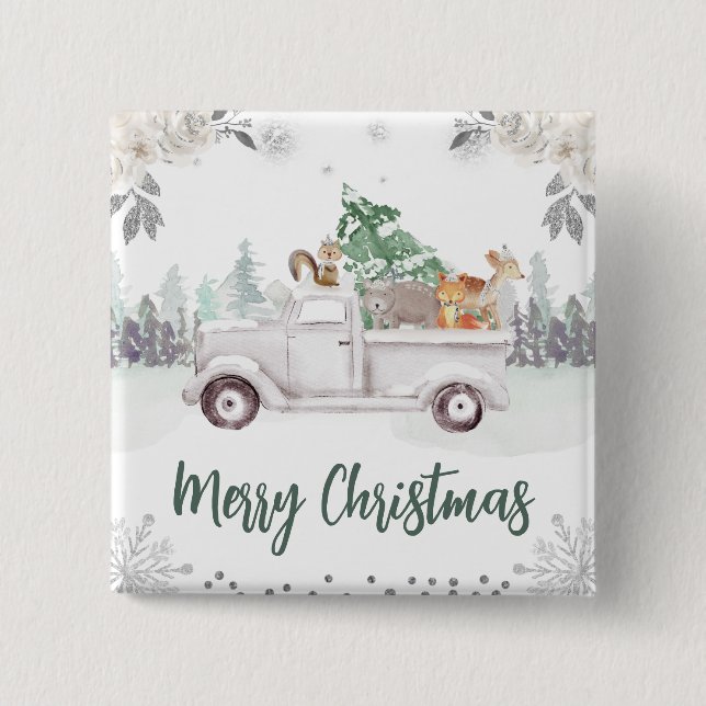 Wasserfarbene Waldtiere Weihnachten in der Blüte Button (Vorderseite)