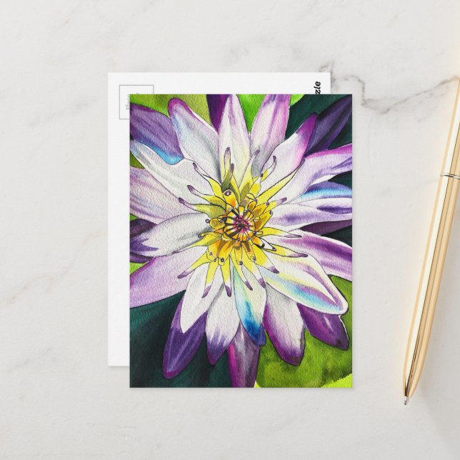 Wasserfarbene Wasserlilie schöne Kunst Postkarte (Vorderseite/Rückseite Beispiel)