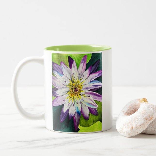 Wasserfarbene Wasserlilie schöne Kunst Zweifarbige Tasse (Mit Donut)