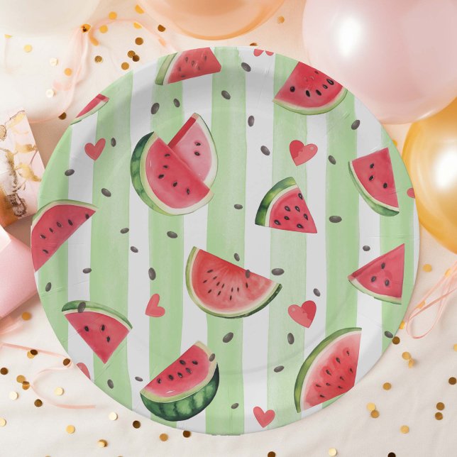 Wasserfarbene Wassermelone, Sommermädchen Pappteller (Summer Birthday Red Watercolor Watermelon, Girl Party Paper Plates.)